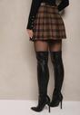 Brązowe Trapezowe Spódnico-Spodenki Plisowane z Wiskozą High Waist w Kratę z Paskiem Filiana
