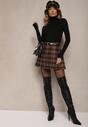 Brązowe Trapezowe Spódnico-Spodenki Plisowane z Wiskozą High Waist w Kratę z Paskiem Filiana