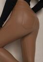 Brązowe Spodnie z Ekoskóry Skinny High Waist Ocieplane Polarową Wyściółką Lavimi