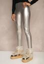Srebrne Spodnie z Ekoskóry Skinny High Waist Ocieplane Polarową Wyściółką Lavimi