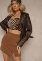 Brązowa Spódnica z Wiskozą High Waist Ozdobiona Rozcięciem Delonis