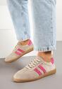 Beżowo-Różowe Płaskie Sneakersy z Wkładką ze Skóry Naturalnej Ozdobione Paskami Neladria
