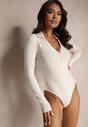 Beżowe Body z Bawełny o Koszulowym Kroju Longsleeve Raviriel