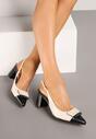 Beżowo-Czarne Czółenka na Słupku Typu Slingback z Ozdobą Fariniel