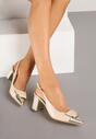 Beżowo-Złote Czółenka na Słupku Typu Slingback z Ozdobą Fariniel