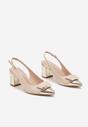 Beżowo-Złote Czółenka na Słupku Typu Slingback z Ozdobą Fariniel
