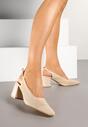 Beżowe Sandały na Słupku Typu Slingback z Ażurową Cholewką Morivira