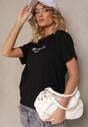 Czarna Bawełniana Bluzka T-shirt Oversize z Aplikacją w Kształcie Motyli Elmaris