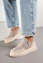 Beżowo-Niebieski Streetwearowe Sneakersy ze Skóry Naturalnej z Ozdobnym Suwakiem Eleavenna