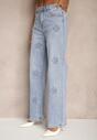 Niebieskie Szerokie Jeansy High Waist Zdobione Wzorem w Kwiaty Firedis