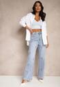 Niebieskie Szerokie Jeansy High Waist Zdobione Wzorem w Kwiaty Firedis