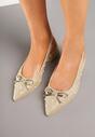 Beżowe Czółenka na Słupku Typu Slingback Ozdobione Kokardą i Perełkami Calretis
