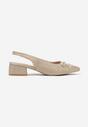 Beżowe Czółenka na Słupku Typu Slingback Ozdobione Kokardą i Perełkami Calretis