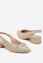 Beżowe Czółenka na Słupku Typu Slingback Ozdobione Kokardą i Perełkami Calretis