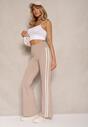 Beżowe Legginsy Flare High Waist z Marszczeniem i Lampasami Kirsena