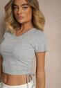 Ciemnoszary T-shirt z Bawełny z Brokatem i Ściąganym Sznurkiem Felinea