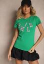 Ciemnozielony T-shirt z Bawełny z Napisem Smile Ozdobiony Cyrkoniami Olirella
