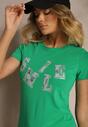 Ciemnozielony T-shirt z Bawełny z Napisem Smile Ozdobiony Cyrkoniami Olirella