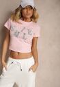 Jasnoróżowy T-shirt z Bawełny z Napisem Smile Ozdobiony Cyrkoniami Olirella