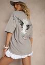 Szara Koszulka T-shirt Ozdobiona Nadrukiem na Plecach Arilora