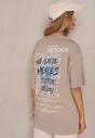 Beżowa Bawełniana  Koszulka T-shirt z Nadrukiem na Tyle i Napisami Danilaria