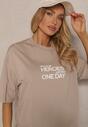Beżowa Bawełniana  Koszulka T-shirt z Nadrukiem na Tyle i Napisami Danilaria