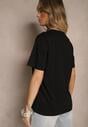 Czarny T-shirt z Bawełny Ozdobiony Cyrkoniami i Nadrukiem Canilea