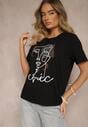 Czarny T-shirt z Bawełny Ozdobiony Cyrkoniami i Nadrukiem Canilea