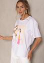 Biały T-shirt Oversize z Bawełny z Ozdobnym Nadrukiem Danilna