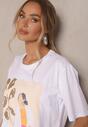 Biały T-shirt Oversize z Bawełny z Ozdobnym Nadrukiem Danilna