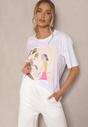 Biały T-shirt Oversize z Bawełny z Ozdobnym Nadrukiem Danilna