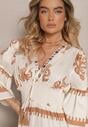 Beżowa Boho Sukienka z Wiskozą z Szeroką Gumką w Talii w Etniczny Wzór Efalios
