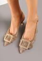 Ciemnobeżowe Sandały na Kaczuszce Typu Slingback Ozdobione Plecionką i Klamrą Elivrella