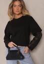 Czarna Bluzka T-shirt o Kroju Oversize z Rękawami z Koronki Dillifia