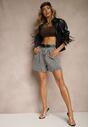 Szare Szorty Jeansowe High Waist Zdobione Zakładkami Talineira
