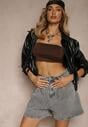 Szare Szorty Jeansowe High Waist Zdobione Zakładkami Talineira