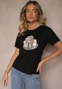 Czarny Bawełniany T-shirt z Kokardą 3D i Nadrukiem Tortu Sanaviela