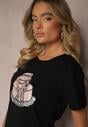 Czarny Bawełniany T-shirt z Kokardą 3D i Nadrukiem Tortu Sanaviela