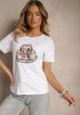 Biały Bawełniany T-shirt z Kokardą 3D i Nadrukiem Tortu Sanaviela