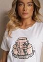 Biały Bawełniany T-shirt z Kokardą 3D i Nadrukiem Tortu Sanaviela