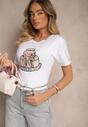 Biały Bawełniany T-shirt z Kokardą 3D i Nadrukiem Tortu Sanaviela