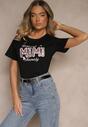 Czarny T-shirt z Bawełny Ozdobione Koralikami Cekinami i Napisem Sanariala