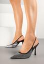 Czarne Sandały Szpilki Slingback z Noskiem w Szpic Zdobione Cyrkoniami Zenvia
