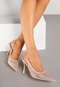 Beżowe Sandały Szpilki Slingback z Noskiem w Szpic Zdobione Cyrkoniami Zenvia