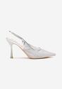 Srebrne Sandały Szpilki Slingback z Noskiem w Szpic Zdobione Cyrkoniami Zenvia