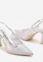 Srebrne Sandały Szpilki Slingback z Noskiem w Szpic Zdobione Cyrkoniami Zenvia