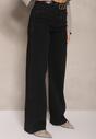 Czarne Szerokie Jeansy High Waist z Cyrkoniowym Zdobieniem Nusamira