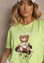 Jasnozielony Krótki T-shirt z Bawełną Ozdobiony Misiem Eladriel