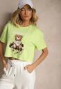 Jasnozielony Krótki T-shirt z Bawełną Ozdobiony Misiem Eladriel