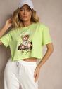 Jasnozielony Krótki T-shirt z Bawełną Ozdobiony Misiem Eladriel
